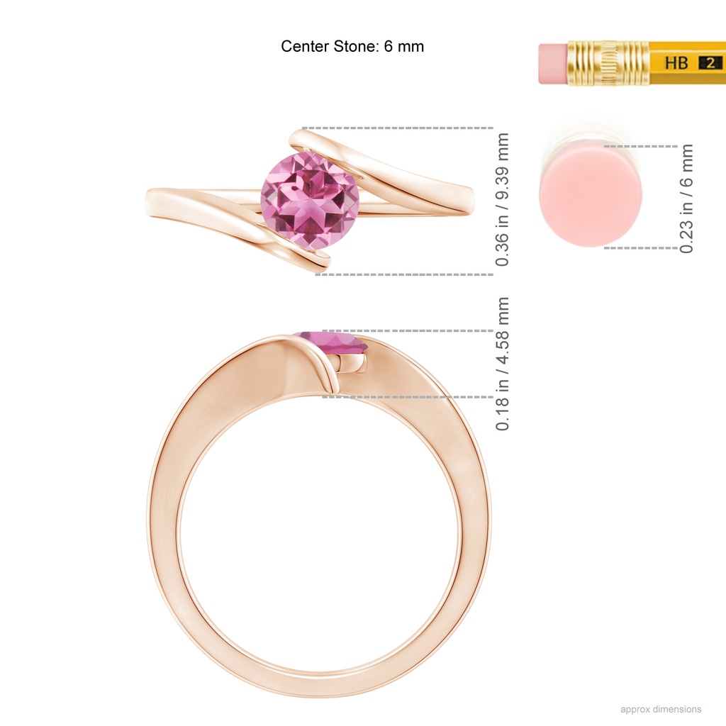 6mm AAA Bar-Set Solitaire Round Pink Tourmaline Bypass Ring in Rose Gold Ruler