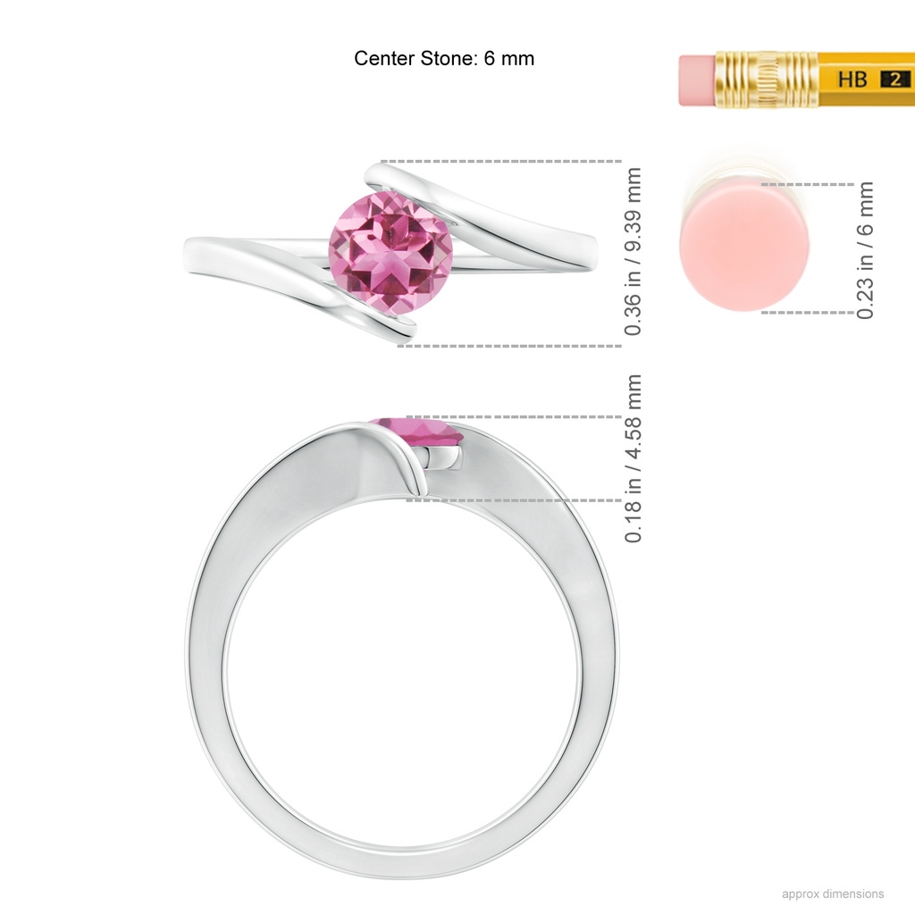 6mm AAA Bar-Set Solitaire Round Pink Tourmaline Bypass Ring in White Gold Ruler