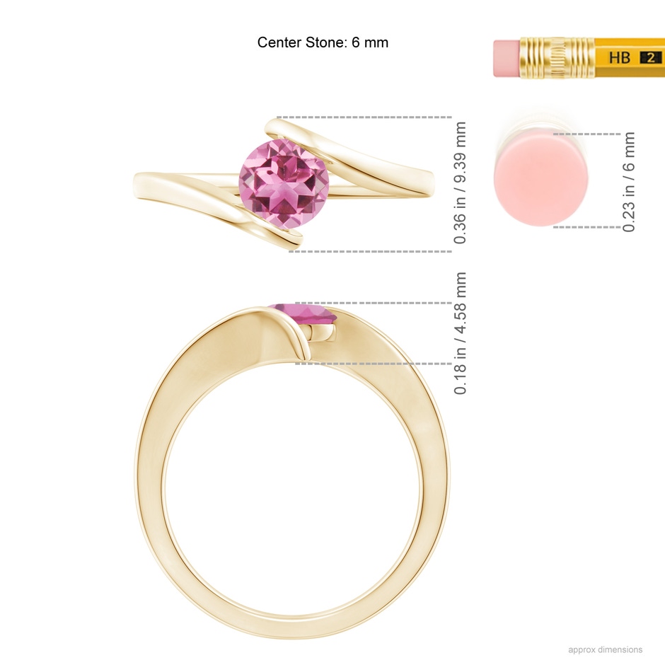 6mm AAA Bar-Set Solitaire Round Pink Tourmaline Bypass Ring in Yellow Gold ruler