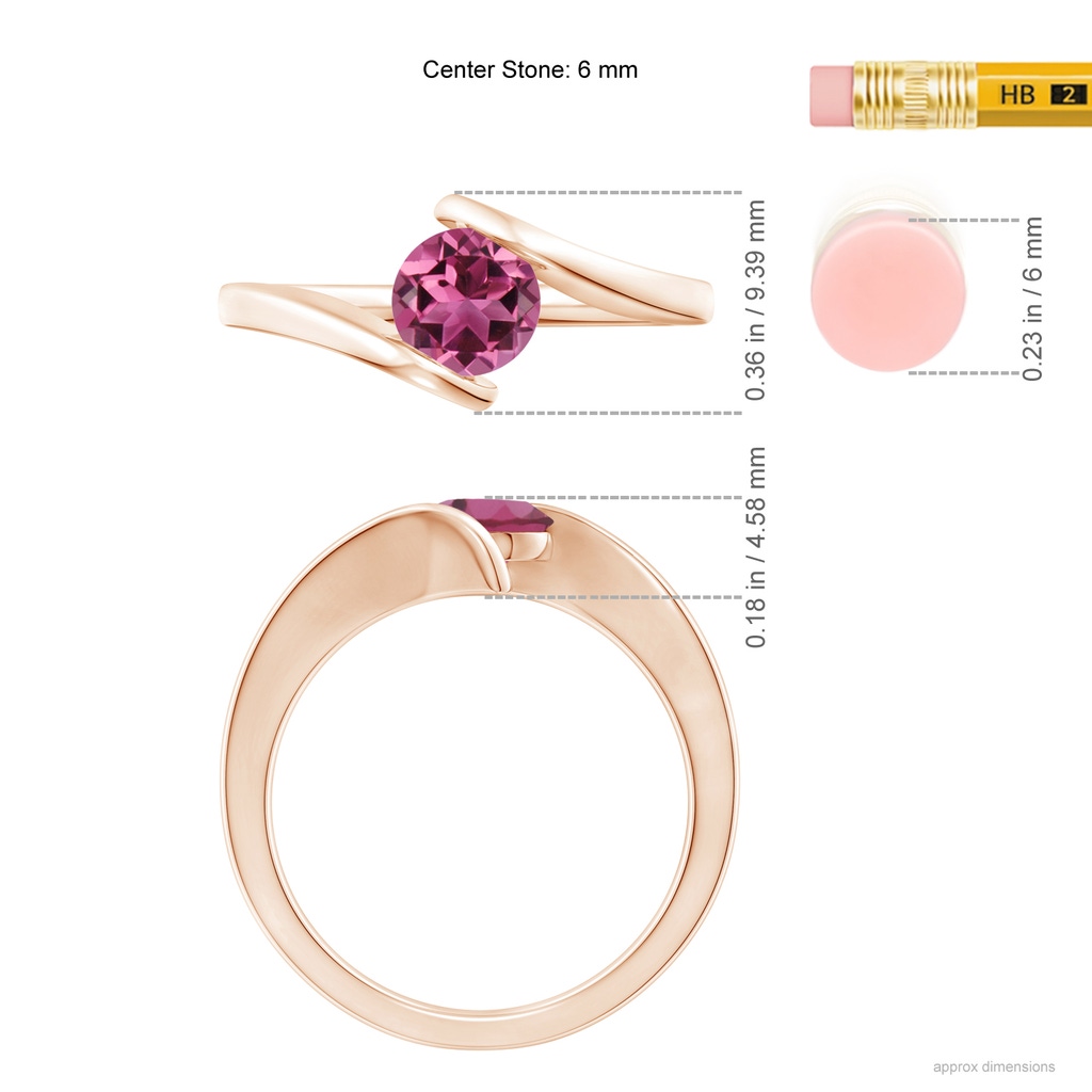 6mm AAAA Bar-Set Solitaire Round Pink Tourmaline Bypass Ring in Rose Gold Ruler