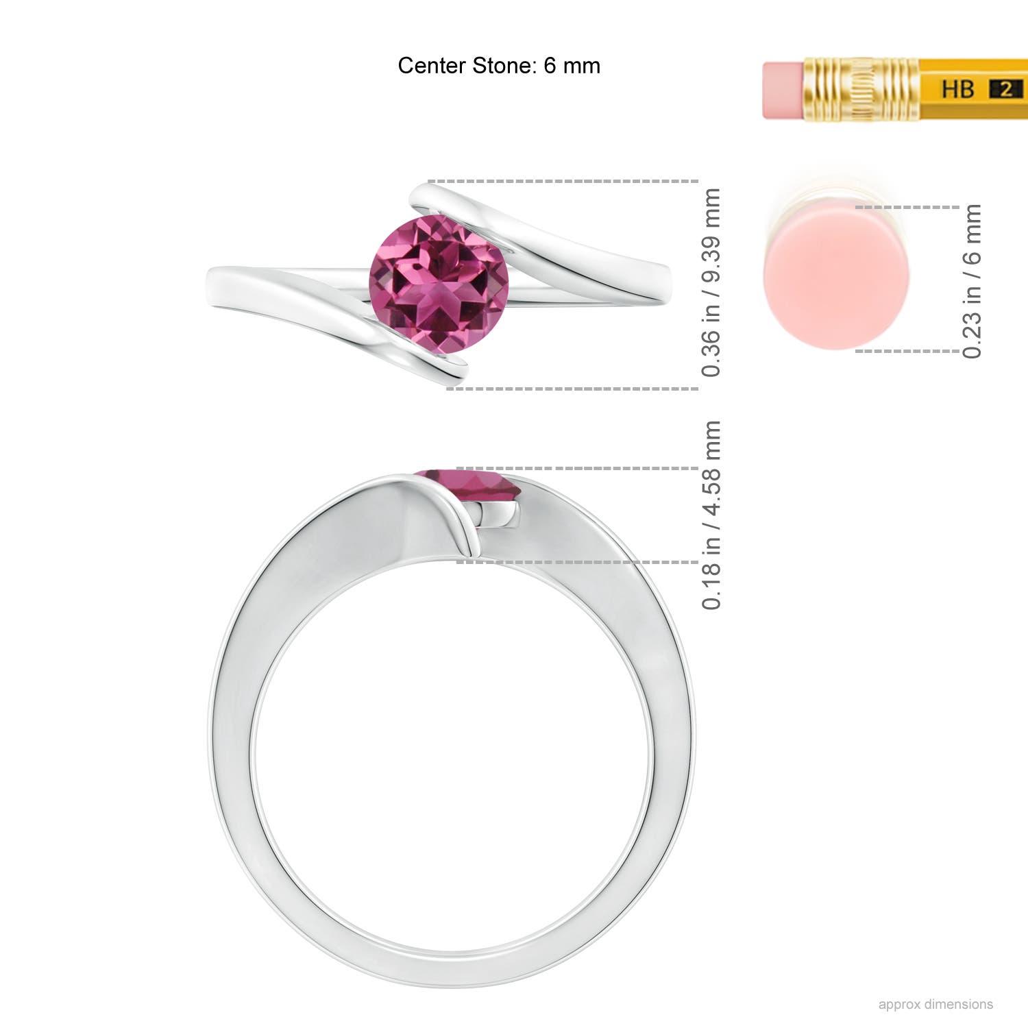 6mm AAAA Bar-Set Solitaire Round Pink Tourmaline Bypass Ring in White Gold - ruler