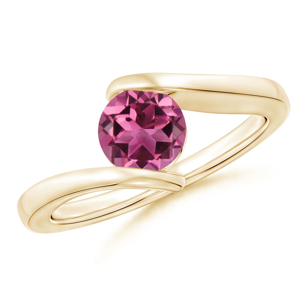 6mm AAAA Bar-Set Solitaire Round Pink Tourmaline Bypass Ring in Yellow Gold