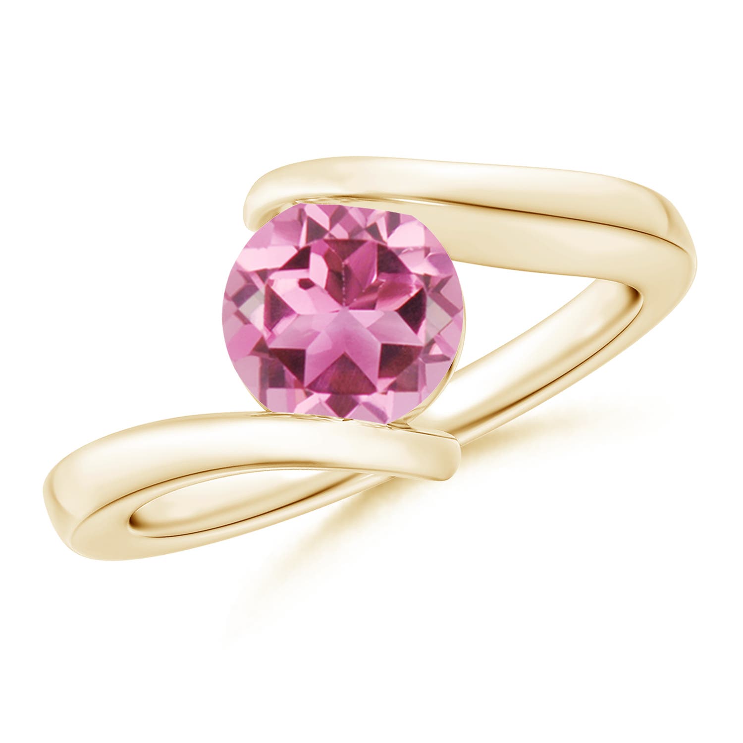 7mm AAA Bar-Set Solitaire Round Pink Tourmaline Bypass Ring in Yellow Gold