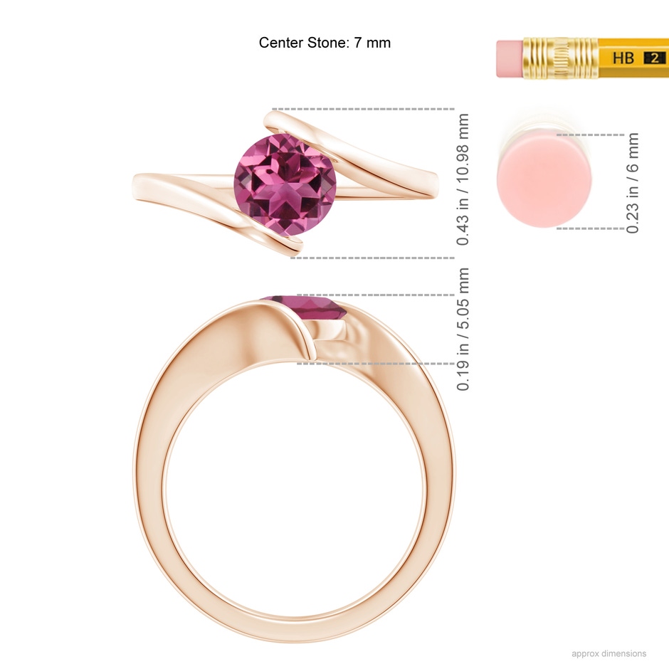 7mm AAAA Bar-Set Solitaire Round Pink Tourmaline Bypass Ring in Rose Gold ruler