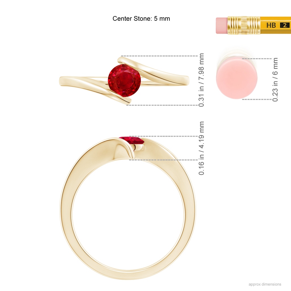 5mm AAA Bar-Set Solitaire Round Ruby Bypass Ring in Yellow Gold Ruler