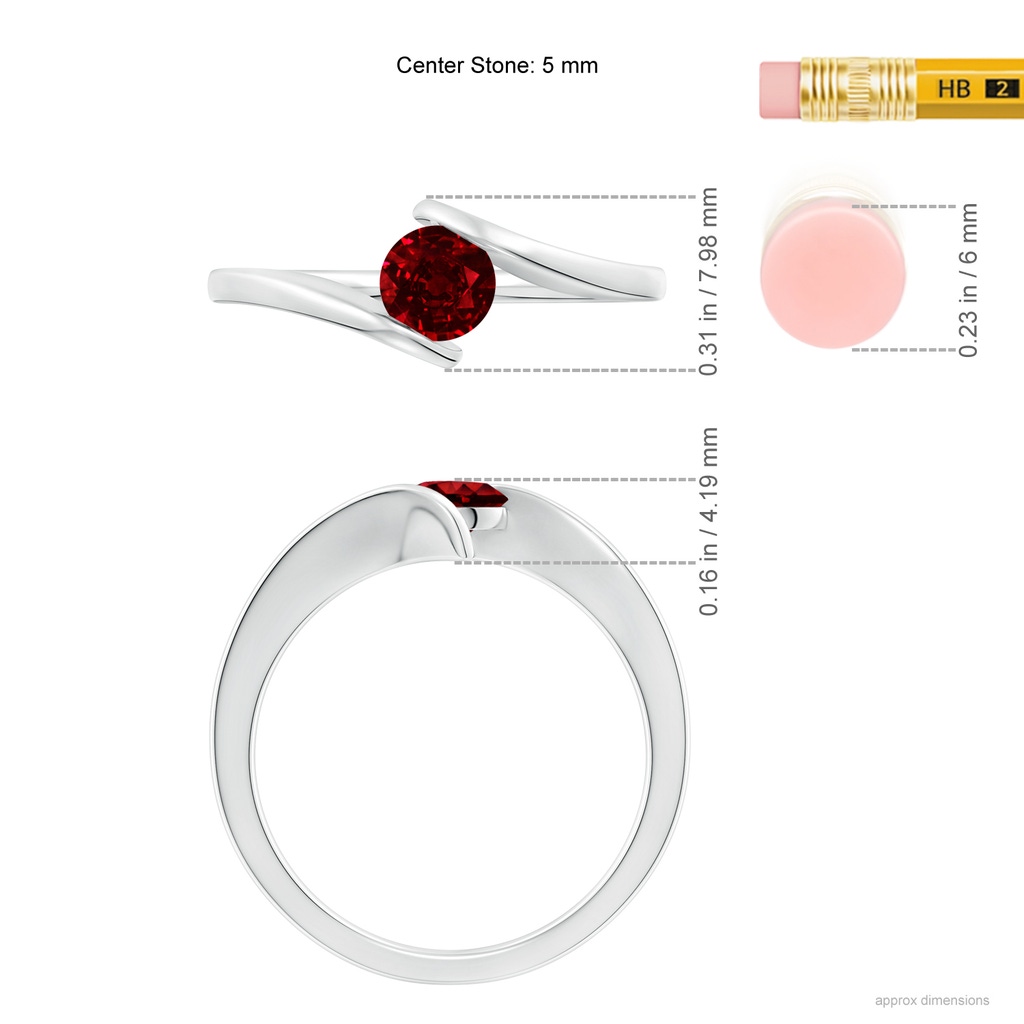 5mm AAAA Bar-Set Solitaire Round Ruby Bypass Ring in White Gold Ruler