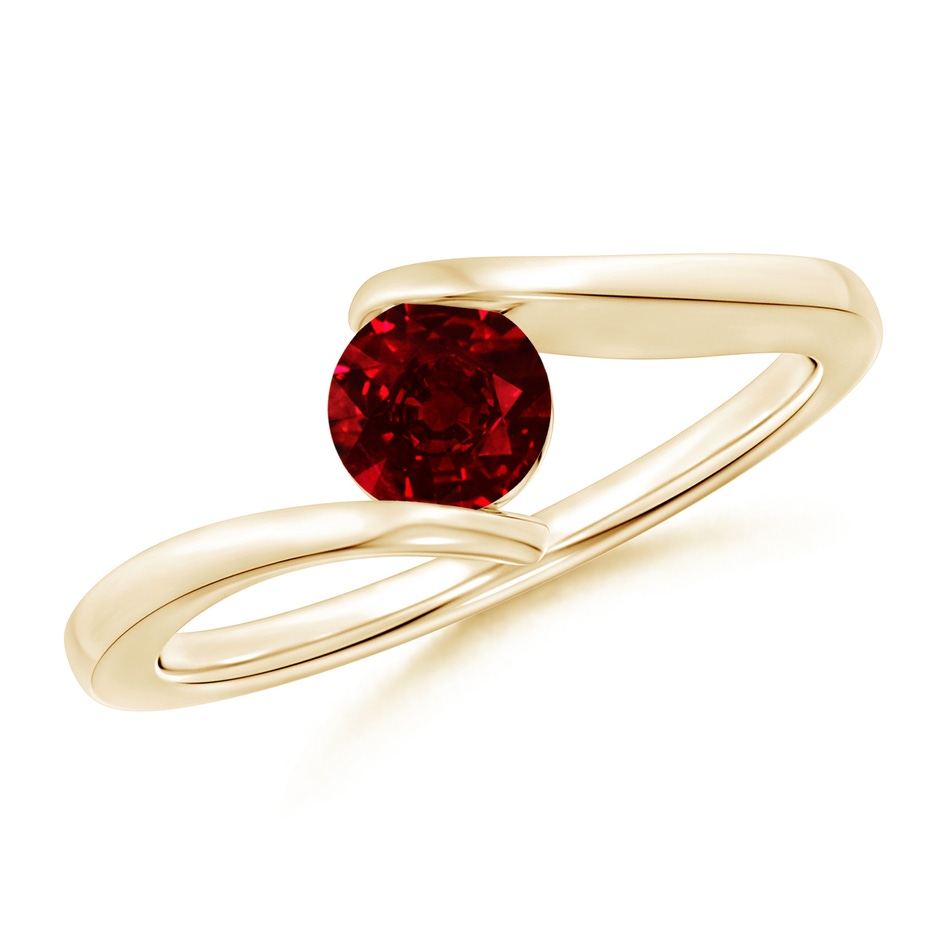 5mm Lab-Grown Bar-Set Solitaire Round Ruby Bypass Ring in Yellow Gold 