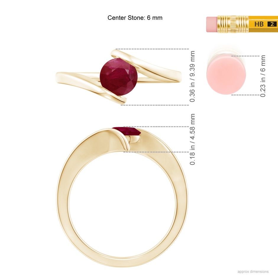 6mm A Bar-Set Solitaire Round Ruby Bypass Ring in Yellow Gold ruler