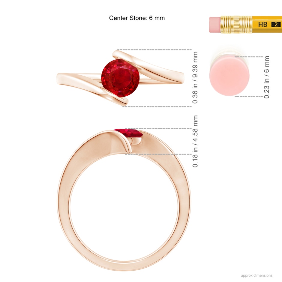 6mm AAA Bar-Set Solitaire Round Ruby Bypass Ring in Rose Gold ruler