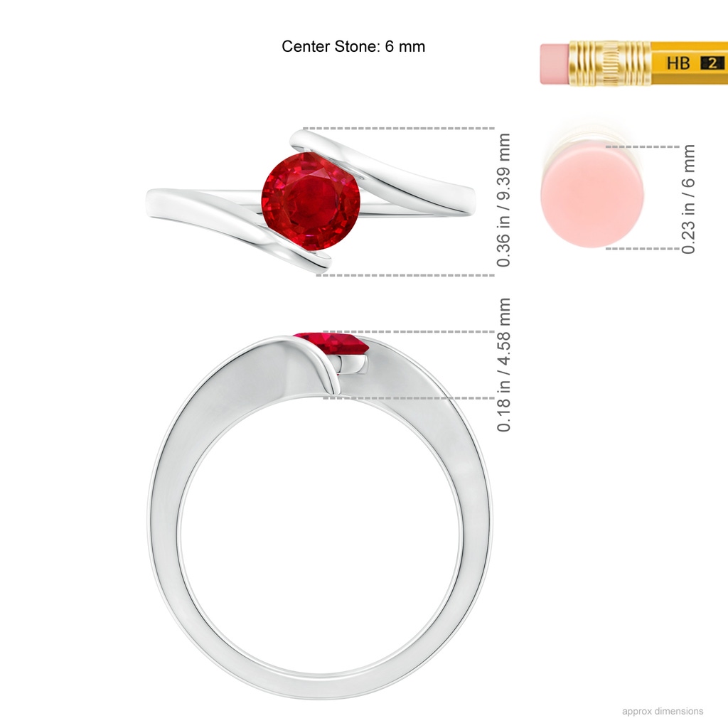 6mm AAA Bar-Set Solitaire Round Ruby Bypass Ring in White Gold Ruler