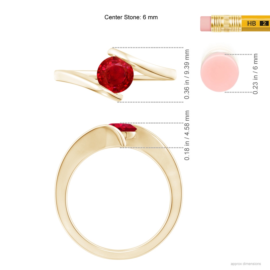 6mm AAA Bar-Set Solitaire Round Ruby Bypass Ring in Yellow Gold ruler