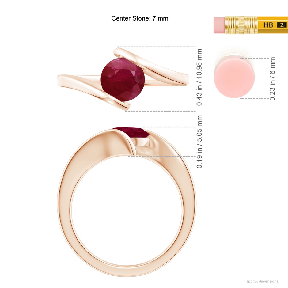 7mm A Bar-Set Solitaire Round Ruby Bypass Ring in Rose Gold ruler