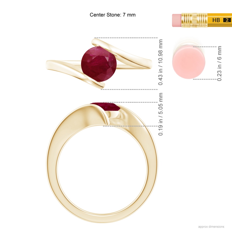 7mm A Bar-Set Solitaire Round Ruby Bypass Ring in Yellow Gold ruler