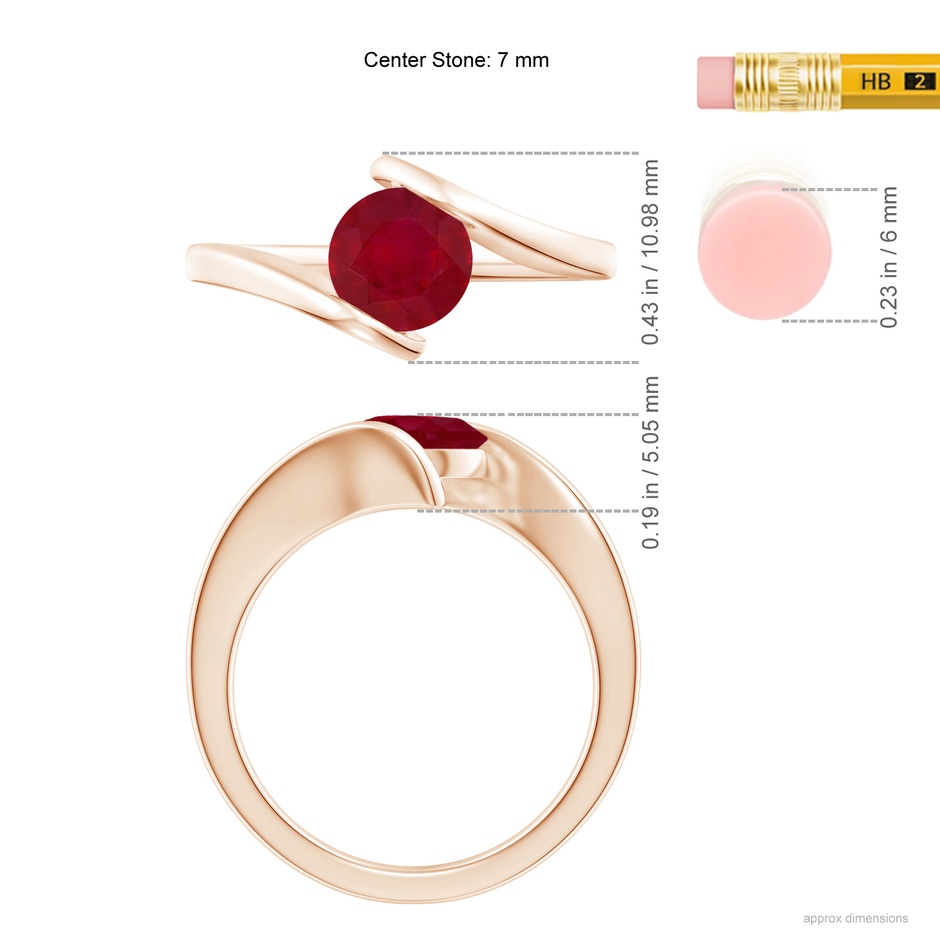 7mm AA Bar-Set Solitaire Round Ruby Bypass Ring in Rose Gold ruler