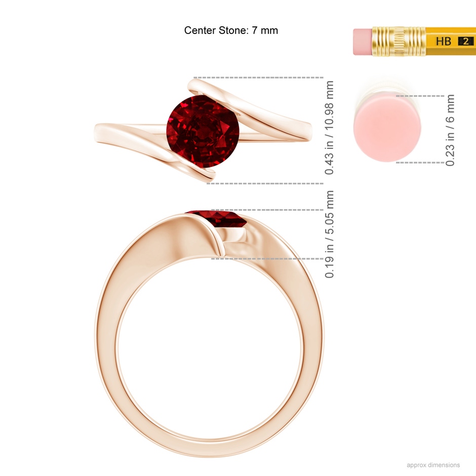 7mm AAAA Bar-Set Solitaire Round Ruby Bypass Ring in Rose Gold ruler