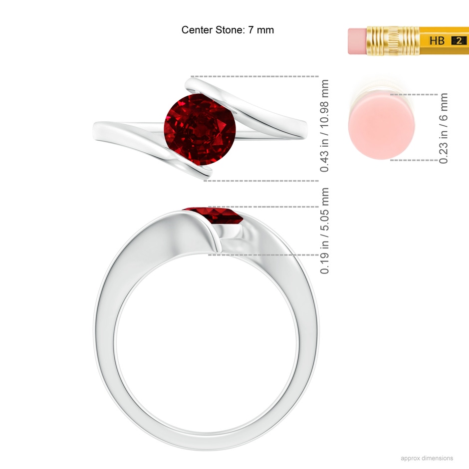 7mm AAAA Bar-Set Solitaire Round Ruby Bypass Ring in S999 Silver ruler