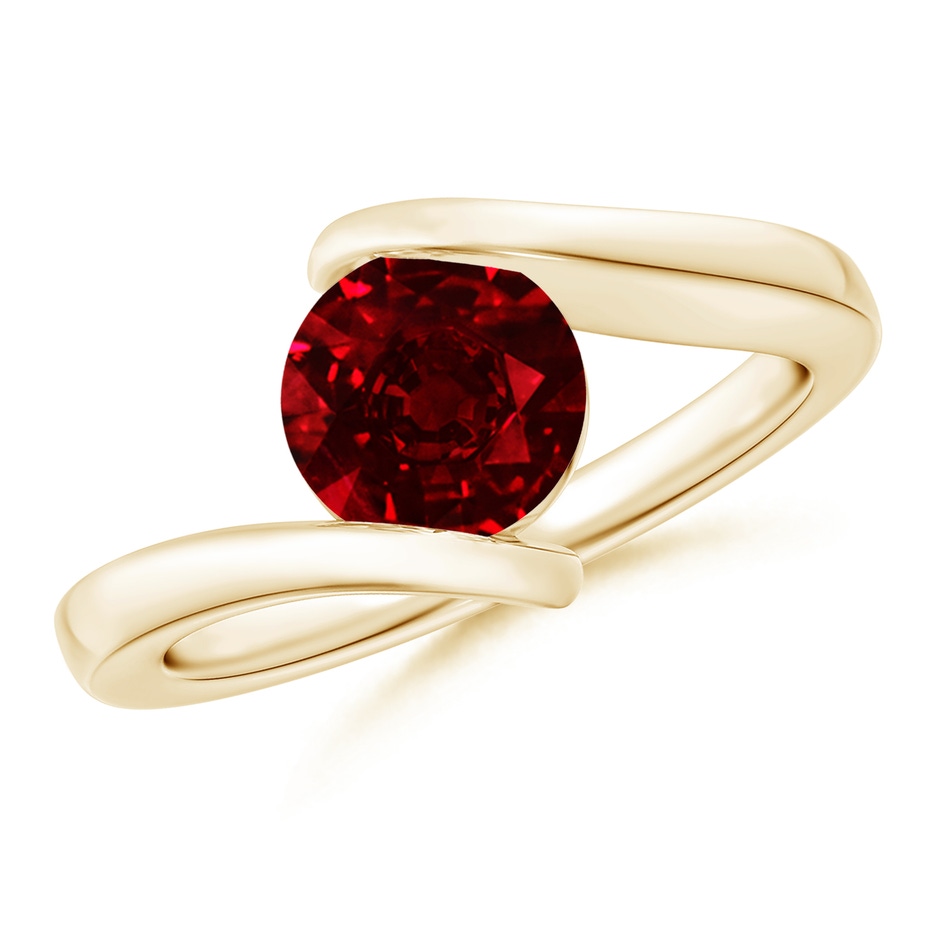 7mm Lab-Grown Bar-Set Solitaire Round Ruby Bypass Ring in Yellow Gold 