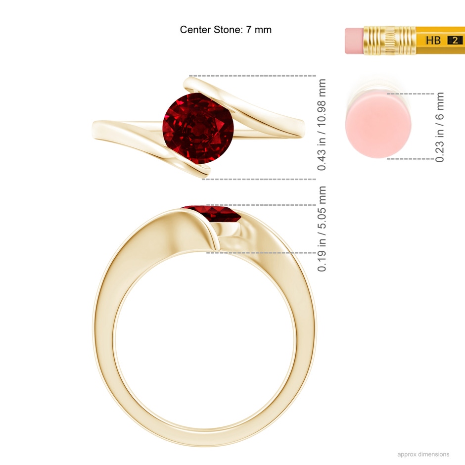 7mm Lab-Grown Bar-Set Solitaire Round Ruby Bypass Ring in Yellow Gold ruler