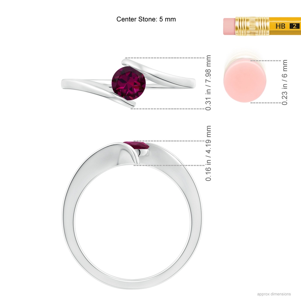 5mm AAAA Bar-Set Solitaire Round Rhodolite Bypass Ring in P950 Platinum Ruler