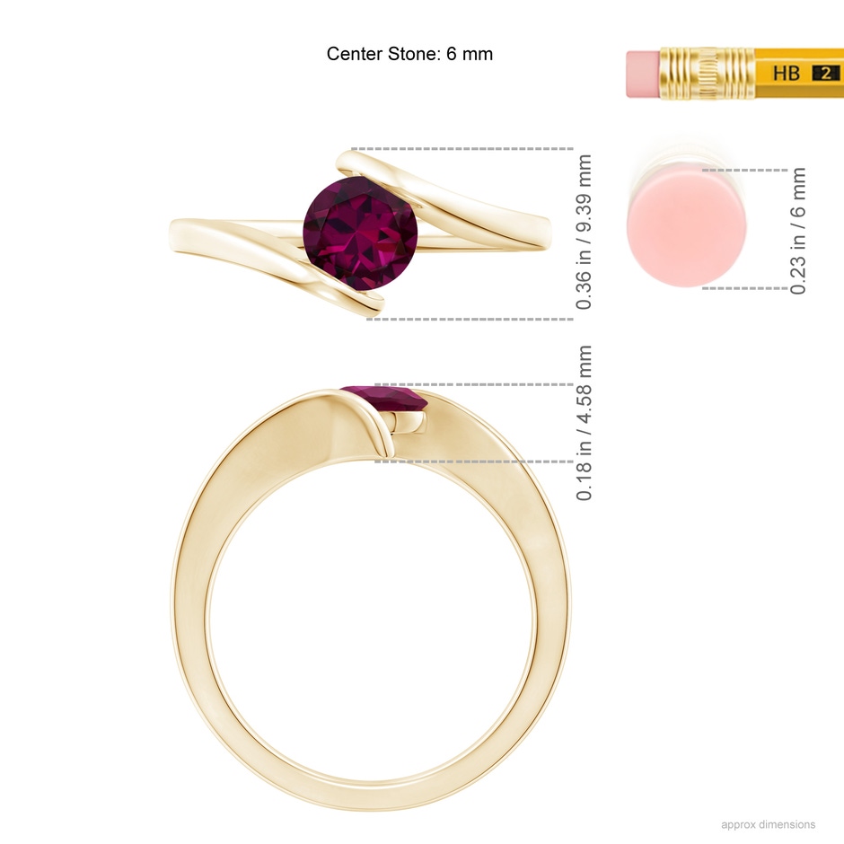 6mm AAAA Bar-Set Solitaire Round Rhodolite Bypass Ring in Yellow Gold ruler