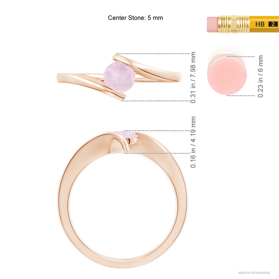 5mm A Bar-Set Solitaire Round Rose Quartz Bypass Ring in Rose Gold ruler