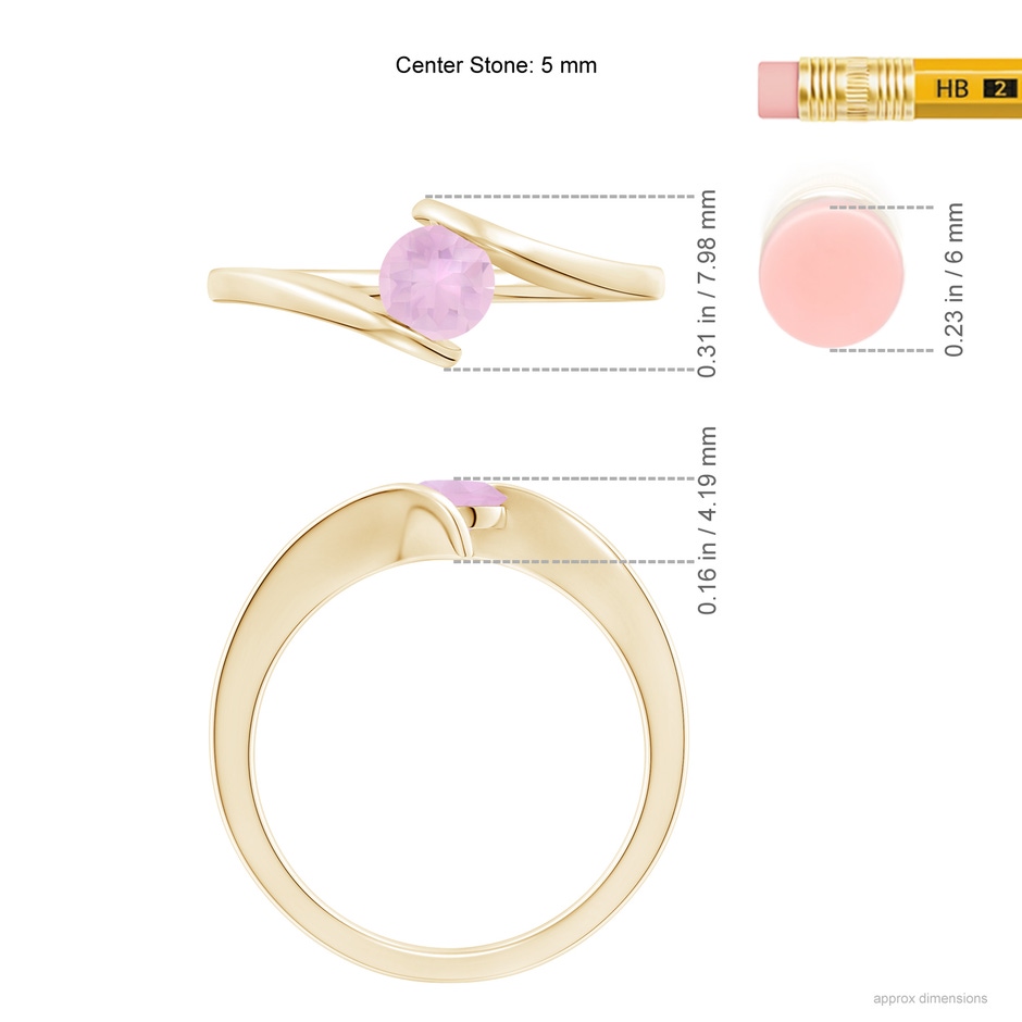 5mm AAAA Bar-Set Solitaire Round Rose Quartz Bypass Ring in Yellow Gold ruler