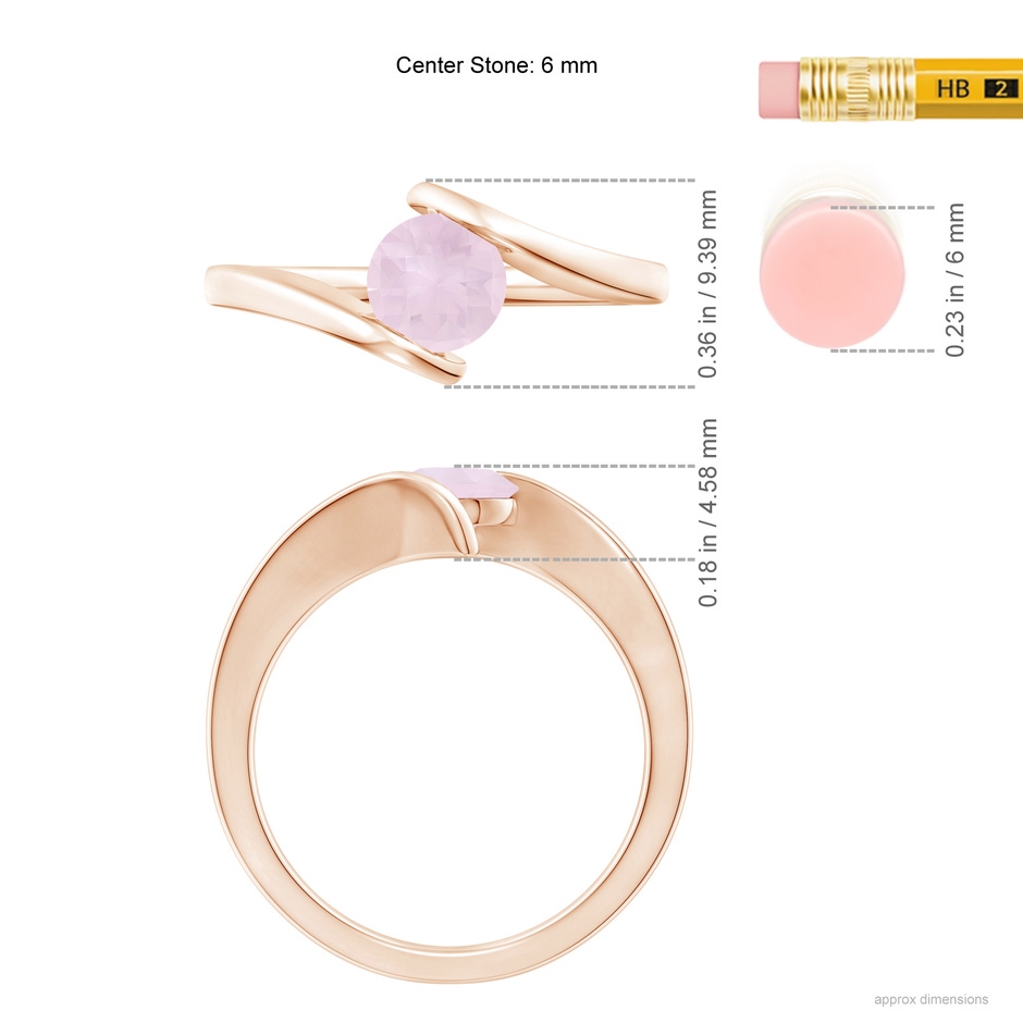 6mm A Bar-Set Solitaire Round Rose Quartz Bypass Ring in Rose Gold ruler