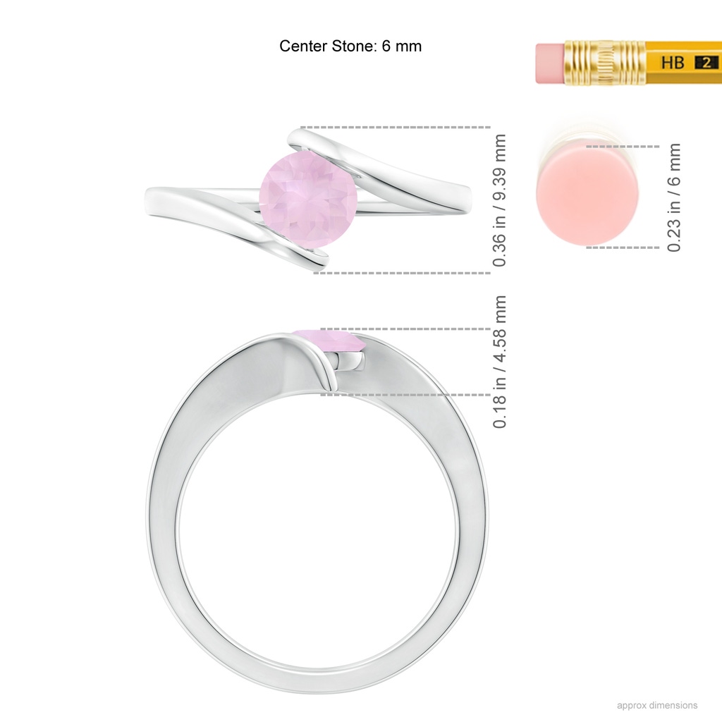 6mm AAA Bar-Set Solitaire Round Rose Quartz Bypass Ring in White Gold Ruler