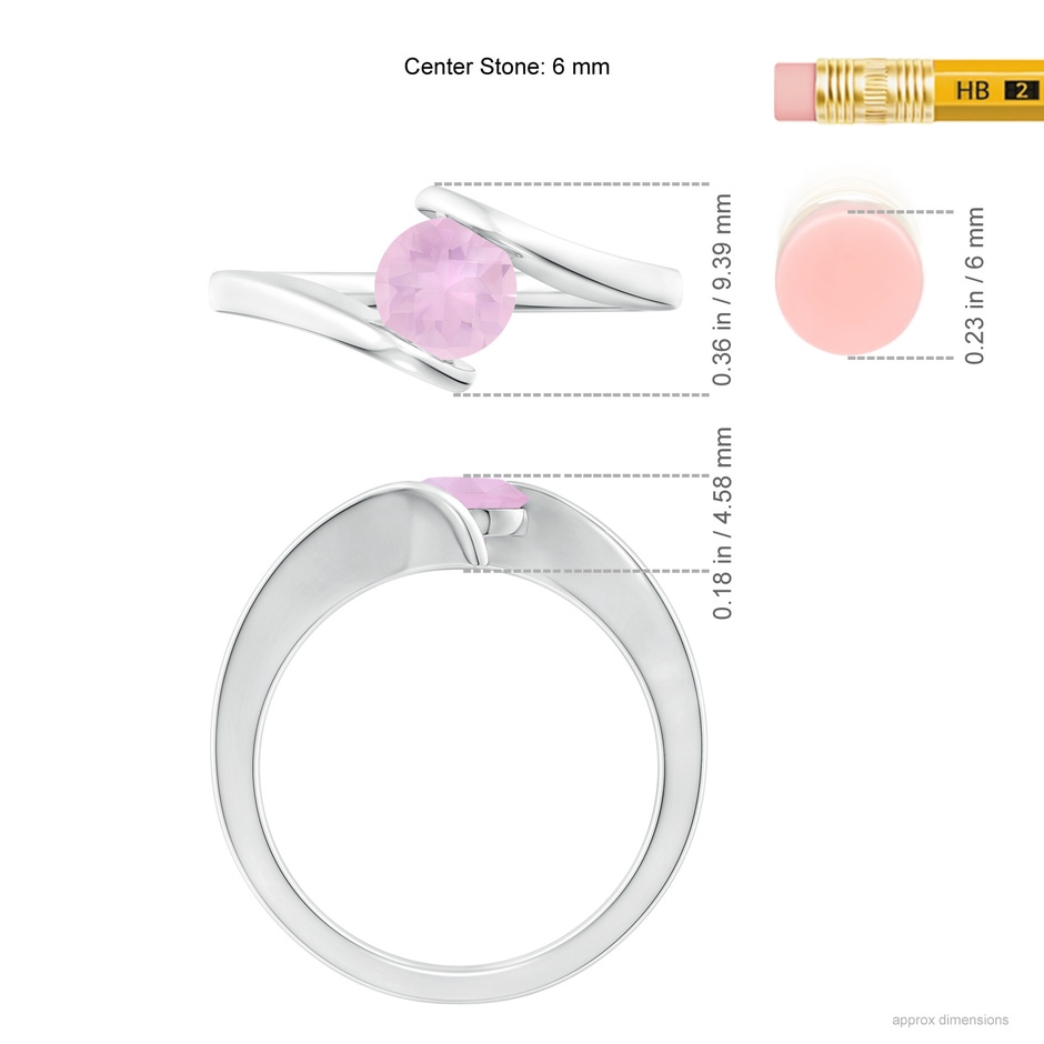 6mm AAAA Bar-Set Solitaire Round Rose Quartz Bypass Ring in P950 Platinum ruler