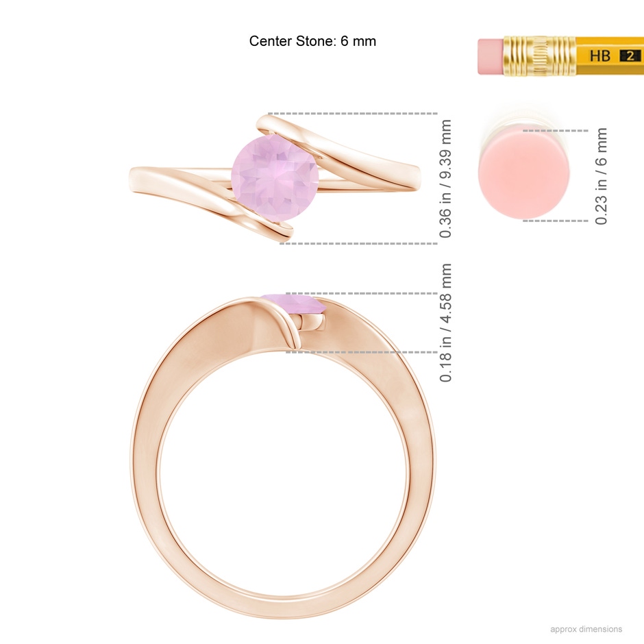 6mm AAAA Bar-Set Solitaire Round Rose Quartz Bypass Ring in Rose Gold ruler