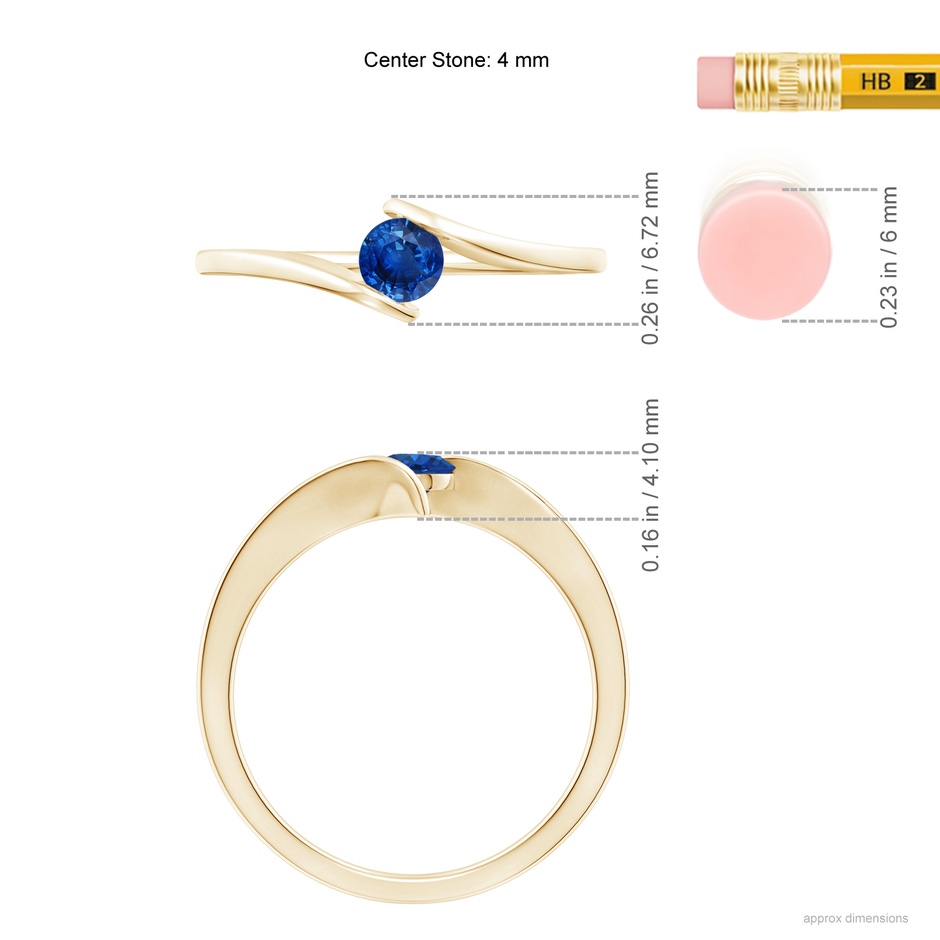 4mm AAA Bar-Set Solitaire Round Sapphire Bypass Ring in Yellow Gold ruler