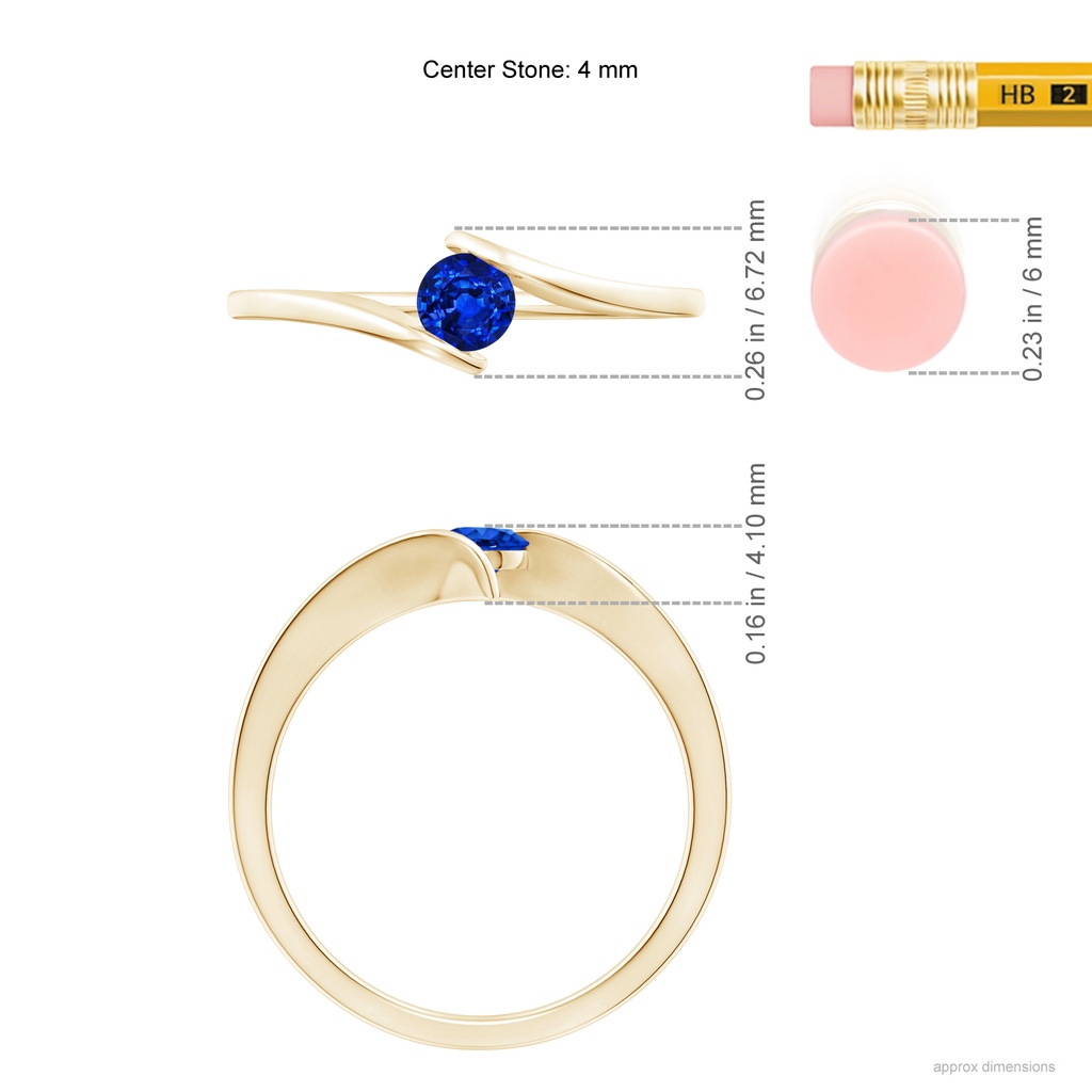 4mm AAAA Bar-Set Solitaire Round Sapphire Bypass Ring in Yellow Gold Ruler