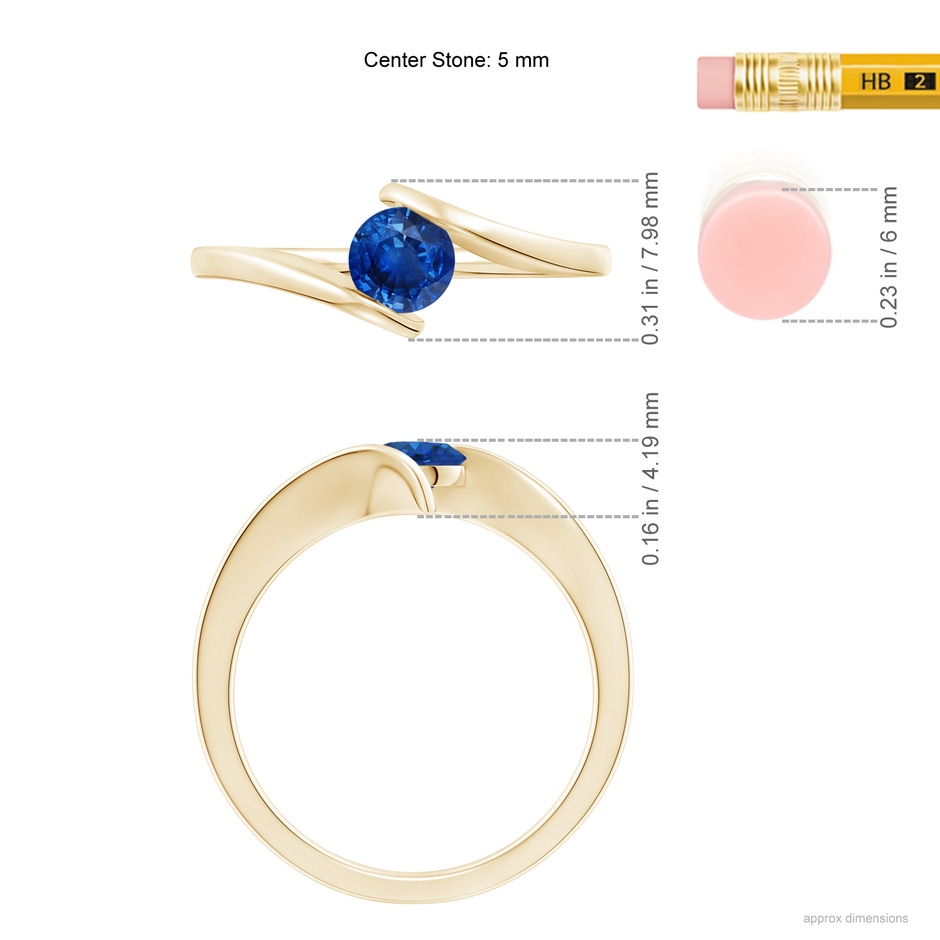 5mm AAA Bar-Set Solitaire Round Sapphire Bypass Ring in Yellow Gold ruler