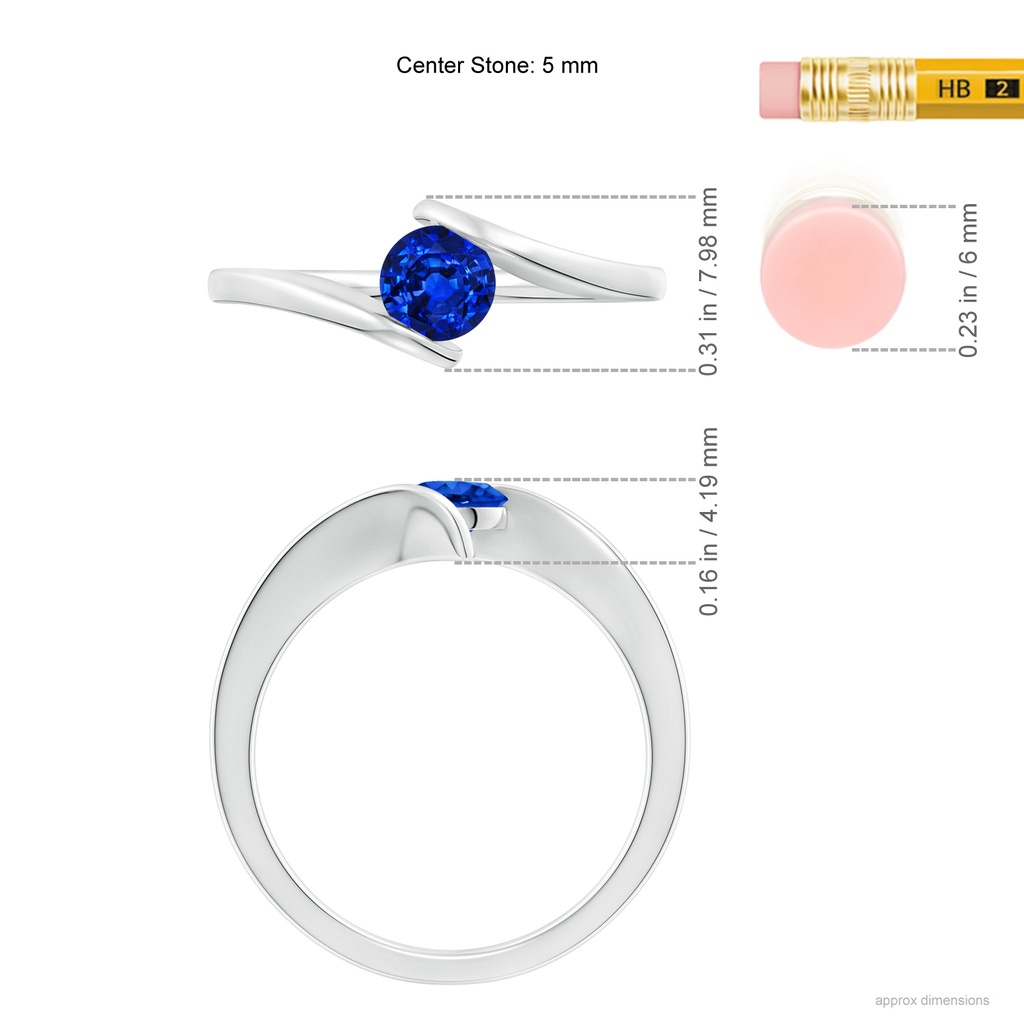 5mm AAAA Bar-Set Solitaire Round Sapphire Bypass Ring in White Gold Ruler