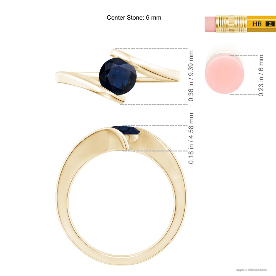 6mm A Bar-Set Solitaire Round Sapphire Bypass Ring in Yellow Gold ruler