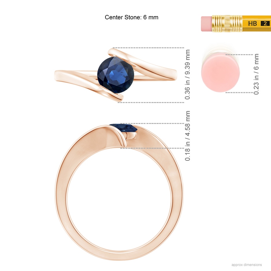 6mm AA Bar-Set Solitaire Round Sapphire Bypass Ring in Rose Gold ruler
