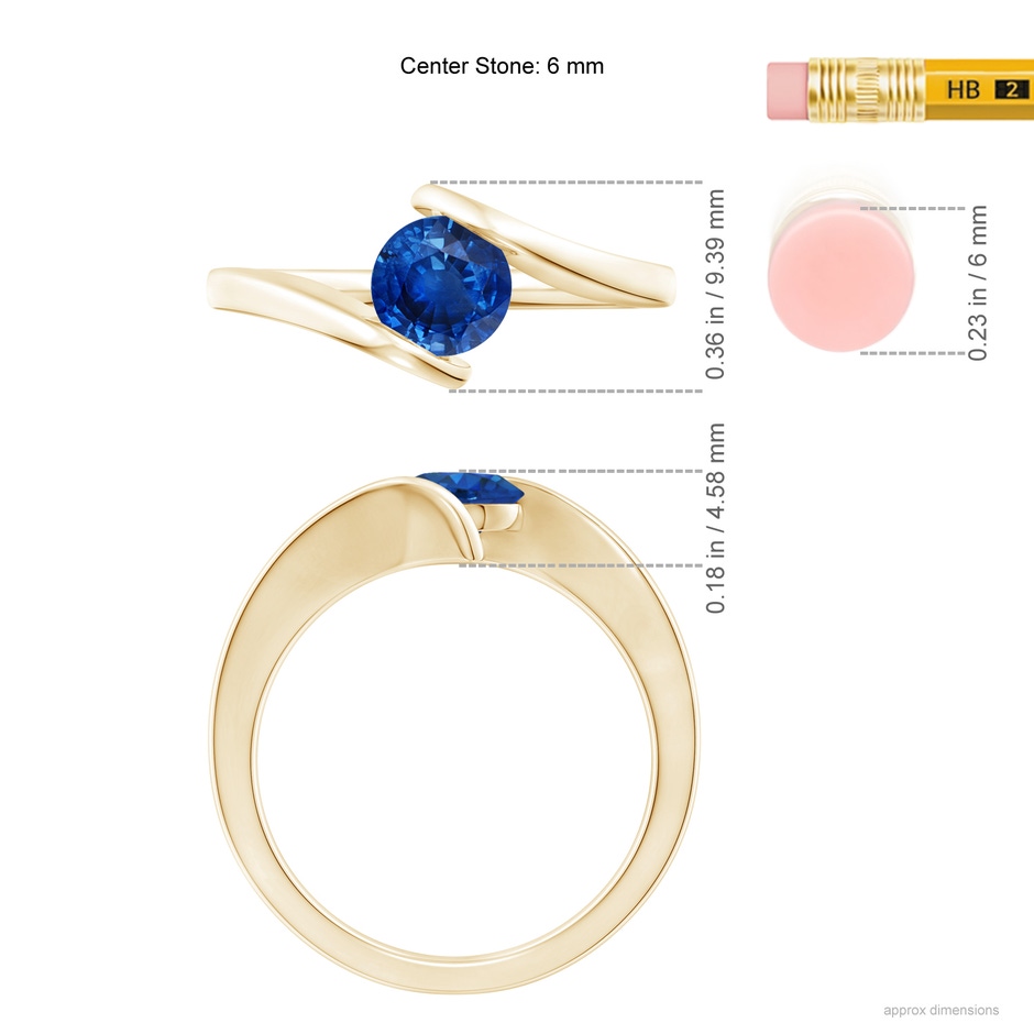 6mm AAA Bar-Set Solitaire Round Sapphire Bypass Ring in Yellow Gold ruler