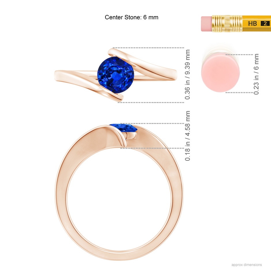 6mm AAAA Bar-Set Solitaire Round Sapphire Bypass Ring in Rose Gold ruler