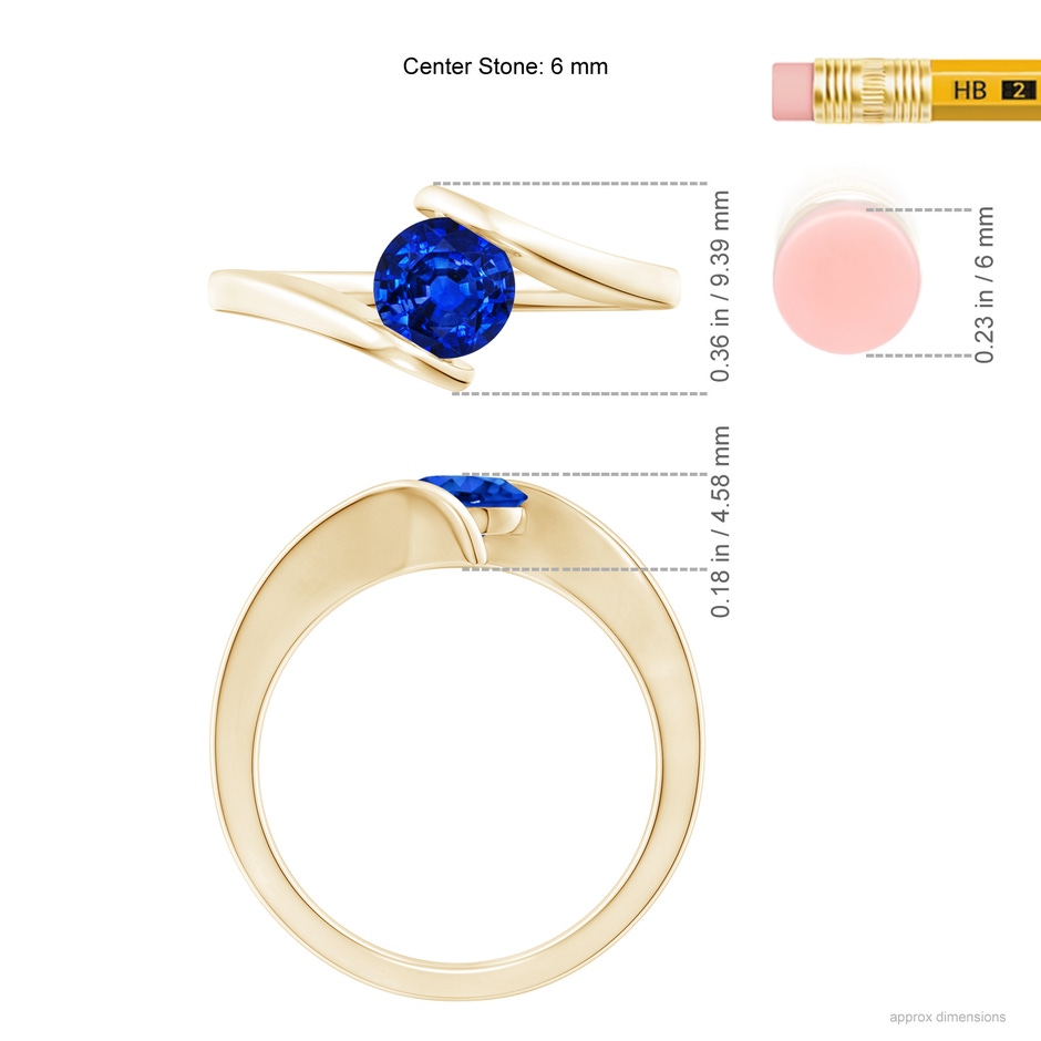 6mm AAAA Bar-Set Solitaire Round Sapphire Bypass Ring in Yellow Gold ruler