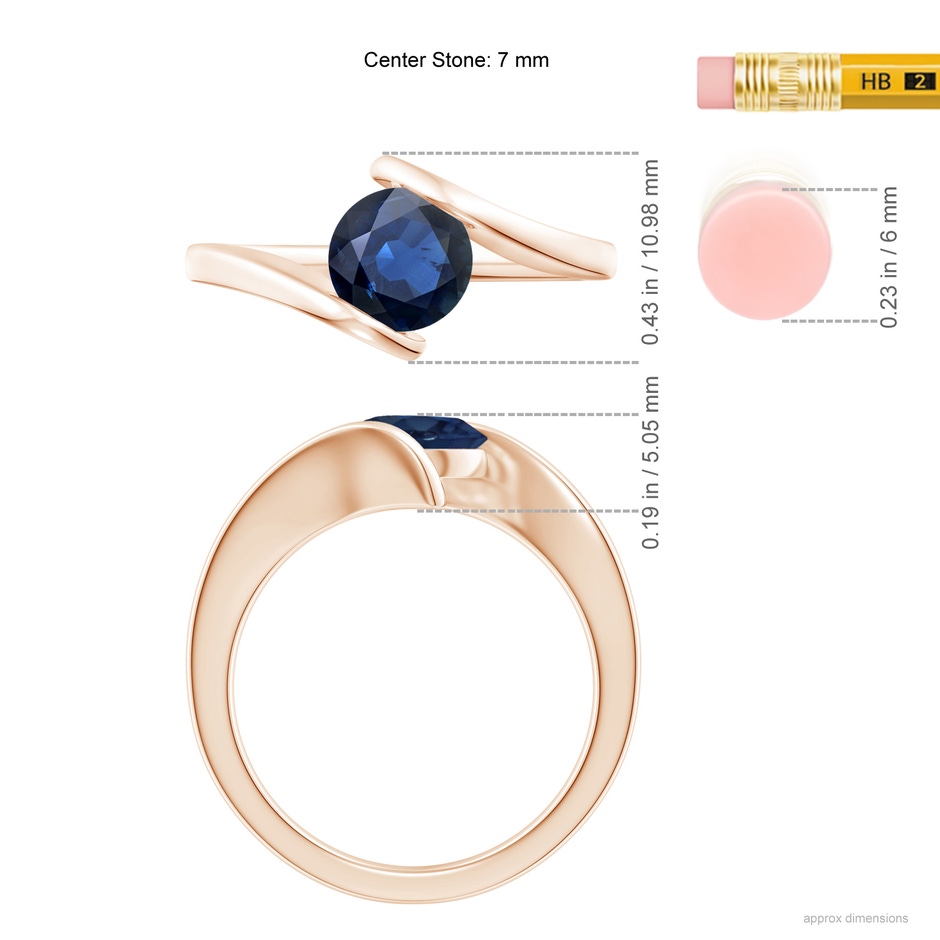7mm AA Bar-Set Solitaire Round Sapphire Bypass Ring in 18K Rose Gold ruler