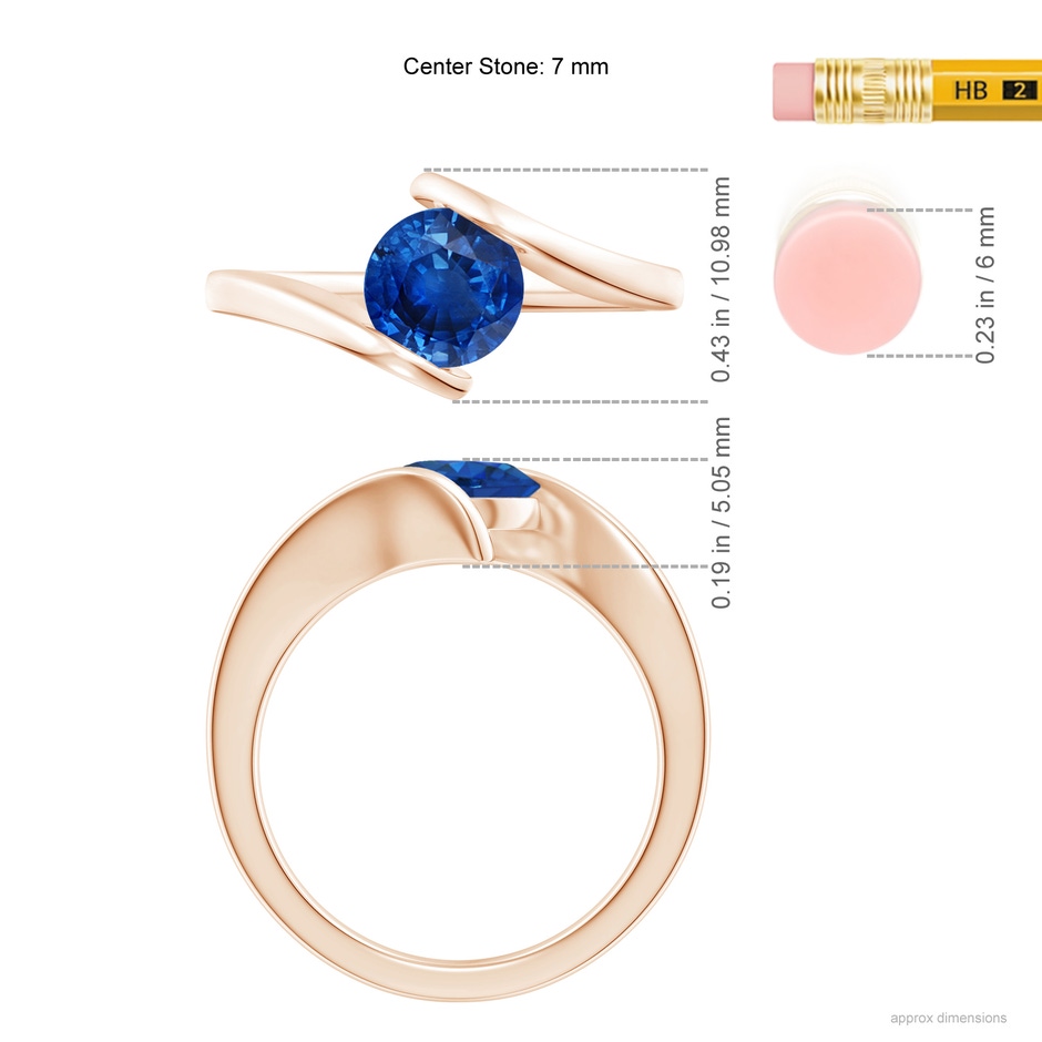 7mm AAA Bar-Set Solitaire Round Sapphire Bypass Ring in 18K Rose Gold ruler