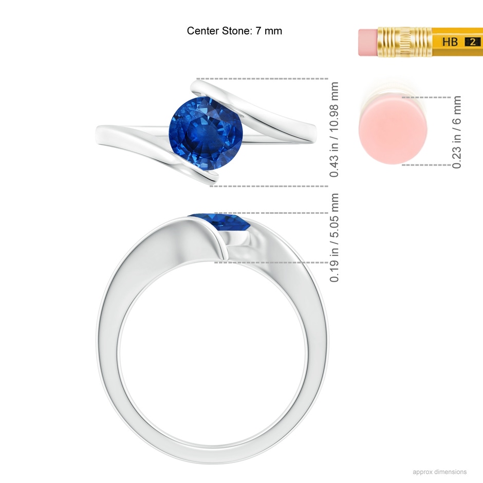 7mm AAA Bar-Set Solitaire Round Sapphire Bypass Ring in White Gold ruler