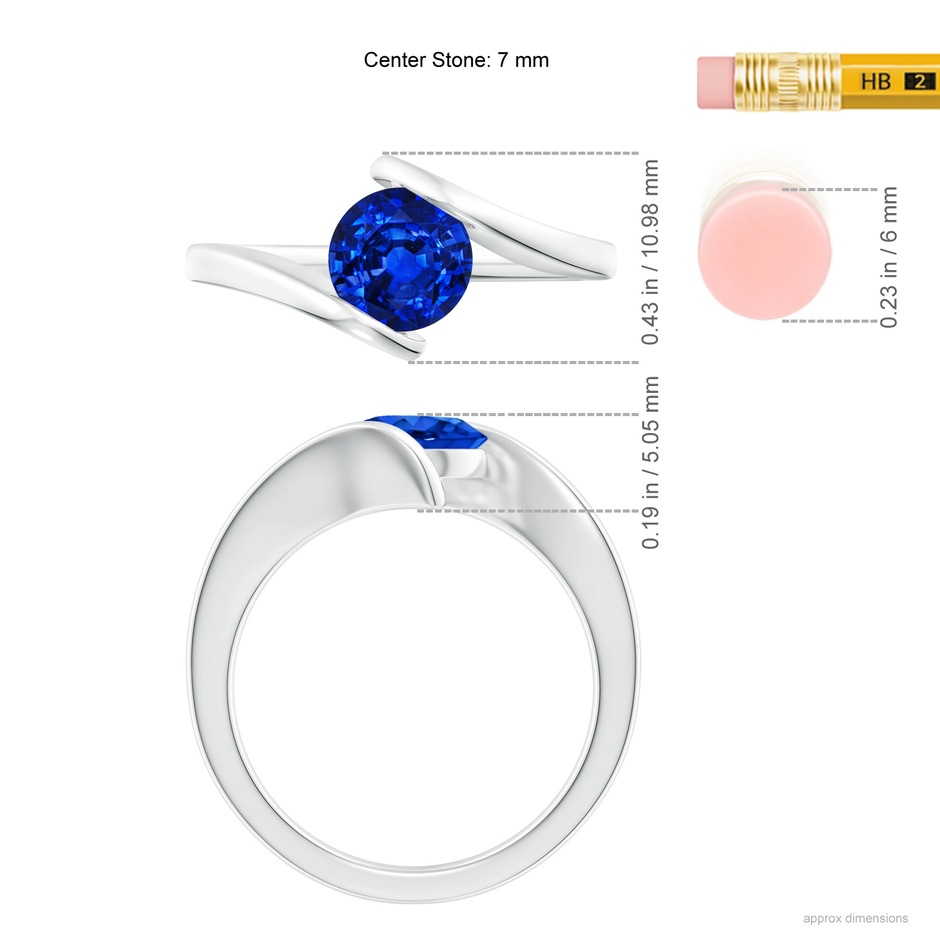 7mm AAAA Bar-Set Solitaire Round Sapphire Bypass Ring in 18K White Gold ruler