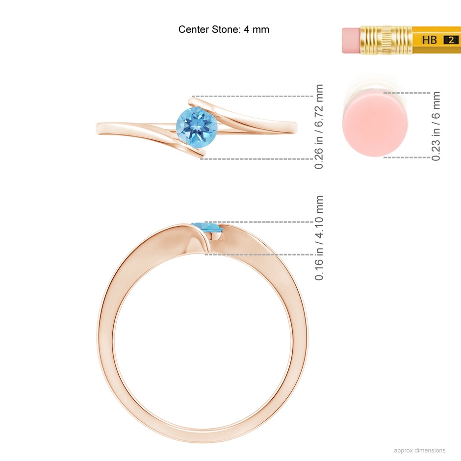 4mm A Bar-Set Solitaire Round Swiss Blue Topaz Bypass Ring in Rose Gold ruler