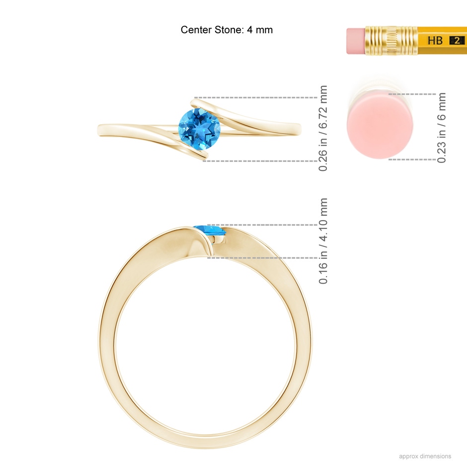 4mm AAA Bar-Set Solitaire Round Swiss Blue Topaz Bypass Ring in Yellow Gold ruler