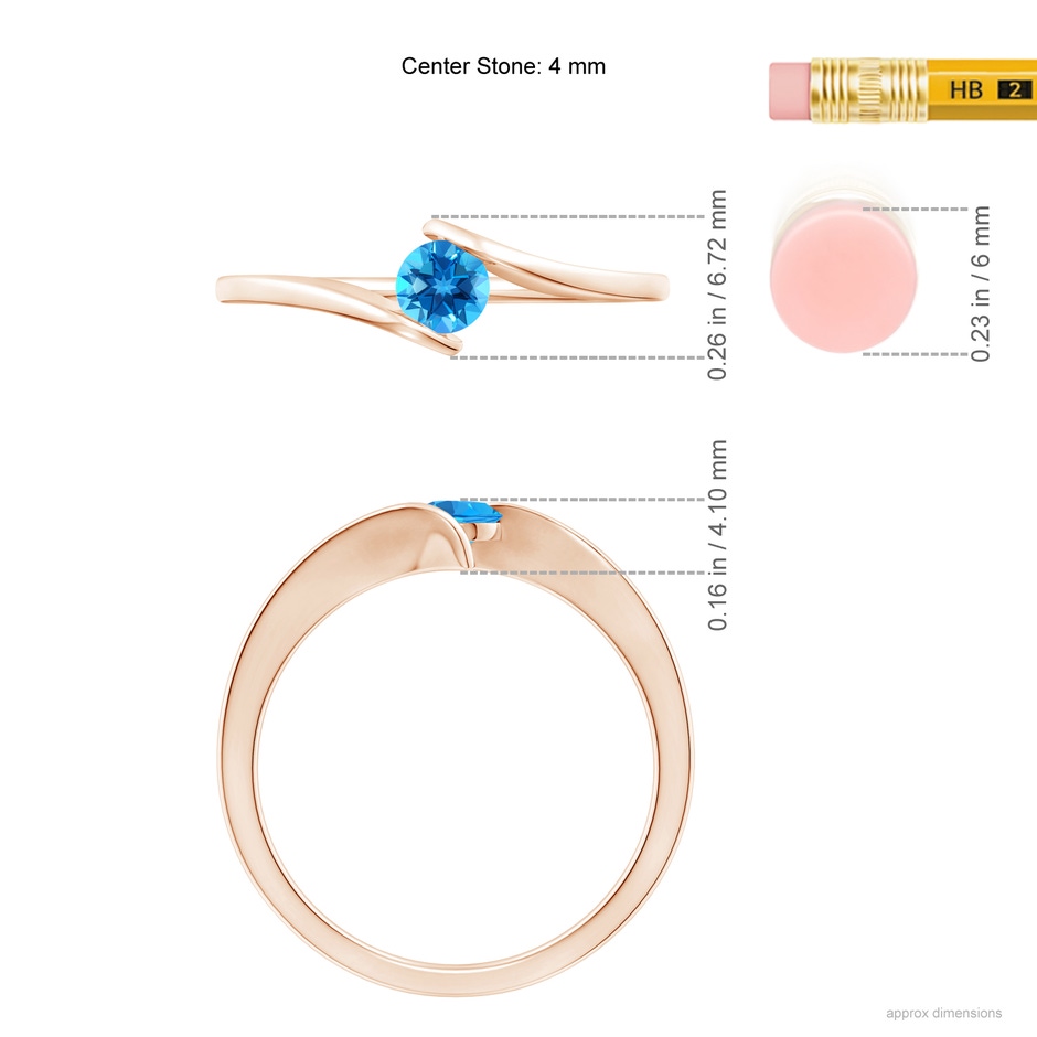 4mm AAAA Bar-Set Solitaire Round Swiss Blue Topaz Bypass Ring in Rose Gold ruler
