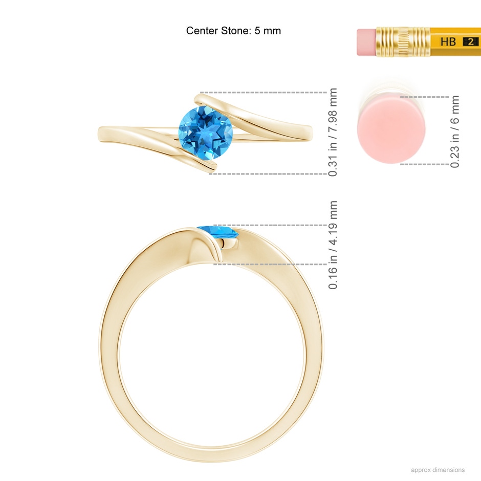 5mm AAA Bar-Set Solitaire Round Swiss Blue Topaz Bypass Ring in Yellow Gold ruler