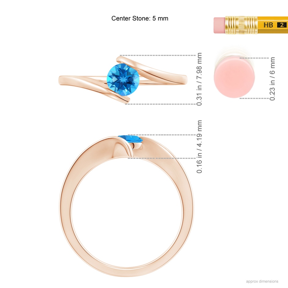 5mm AAAA Bar-Set Solitaire Round Swiss Blue Topaz Bypass Ring in Rose Gold ruler