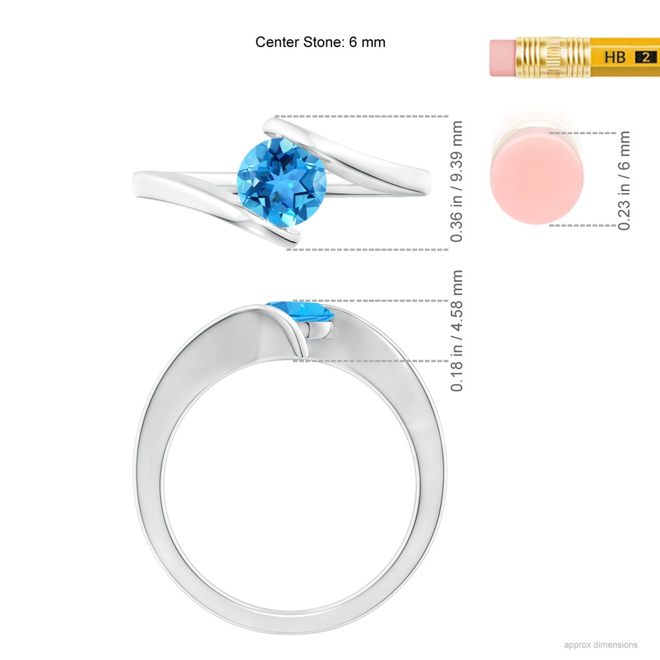 6mm AAA Bar-Set Solitaire Round Swiss Blue Topaz Bypass Ring in White Gold ruler