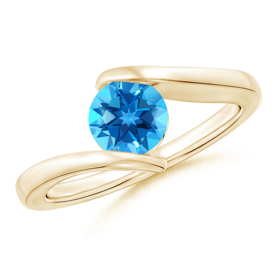 6mm AAAA Bar-Set Solitaire Round Swiss Blue Topaz Bypass Ring in Yellow Gold 